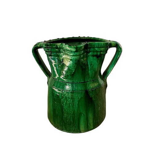 Large Early 20Th Century French Green Glazed Pottery Jug