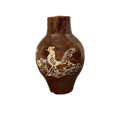 Large 19Th Century French Folk Pottery Jug With Rooster Decoration 