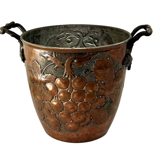 Early 20Th Century French Embossed Copper Champagne Bucket With Grapevine Handle