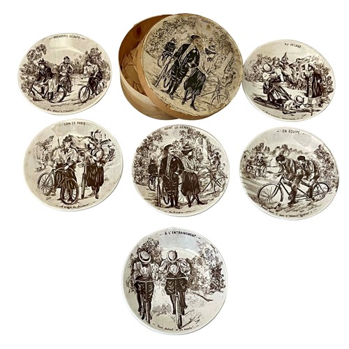 Boxed Set Of Six French Cycling Faience Plates By Sarreguemines