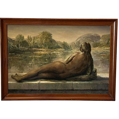 20Th Century French Oil On Board Painting 'Reclining Nude By A Lake'