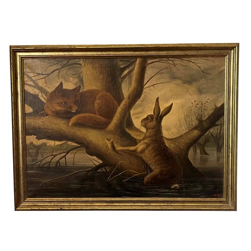 Late 19Th Century Oil On Canvas Of A Fox And Hare, After Ludwig Beckmann