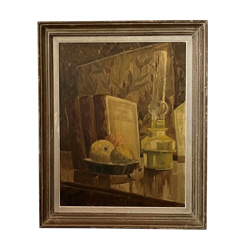 Mid-Century French Still Life Painting With Books, Fruit And Oil Lamp