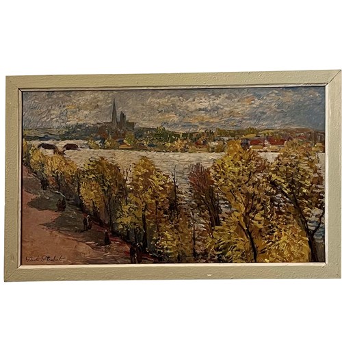 French Landscape Painting 'View Of Avignon On The Rhone In Autumn' By Paul Flaub
