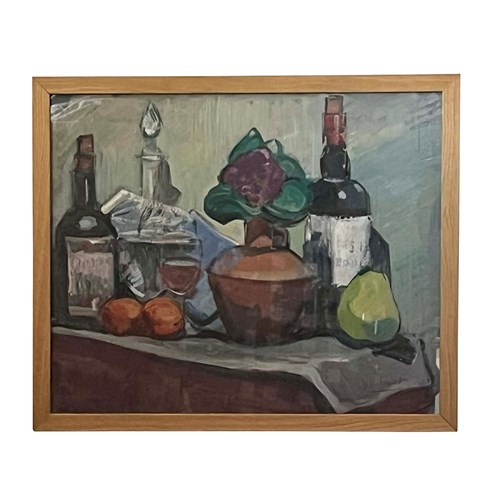 Mid Century French Still Life Painting 'Wine Bottles And Pear' By Jean Perret