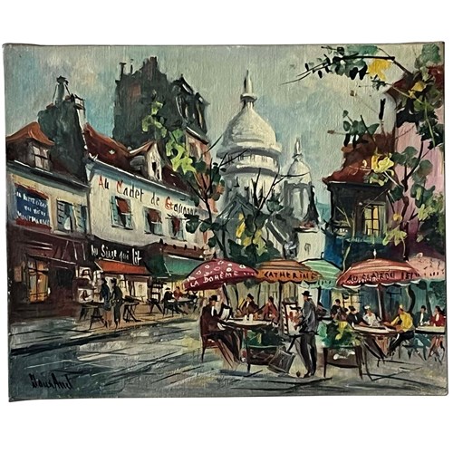 Mid-Century French Signed Painting 'Montmartre Cafe Scene, Paris'
