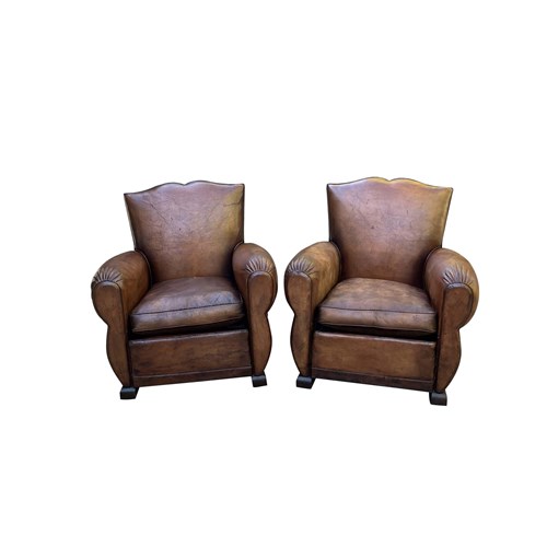 Pair Of French Art Deco Moustache-Back Leather Club Chairs