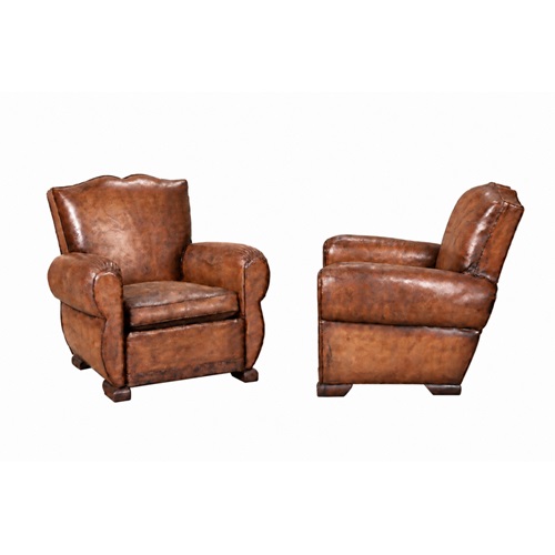Pair Of French Art Deco Moustache-Back Leather Club Chairs