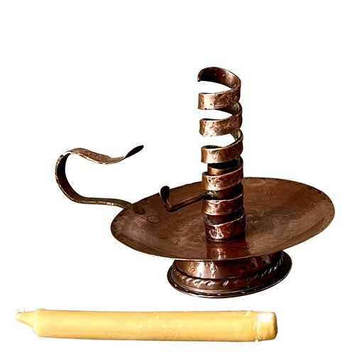 Mid-20Th Century French Hammered Copper 'Rat De Cave' Cellar Candlestick