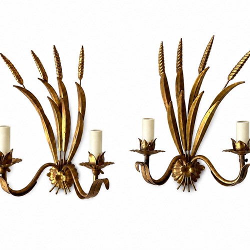 Pair Of Italian Mid-Century Gilt Tole Wheat Sheaf Wall Lights