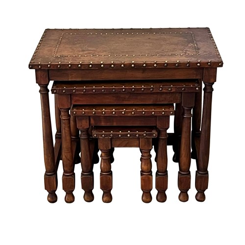 20Th Century Spanish Leather & Brass Studded Nest Of Four Tables