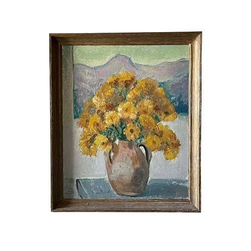 Mid Century French Still Life Painting With Yellow Flowers By Jean Perret