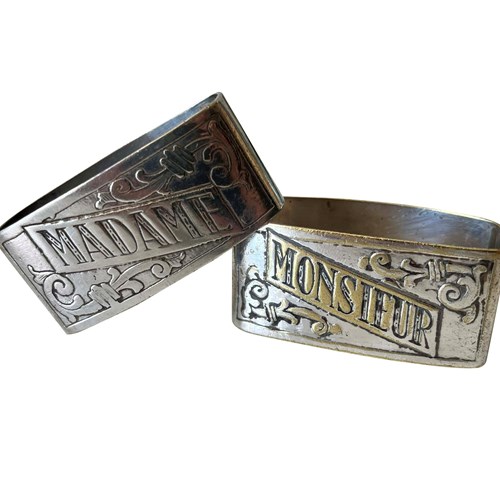 Pair Of Early 20Th Century Madame & Monsieur Silver Plate Napkin Rings