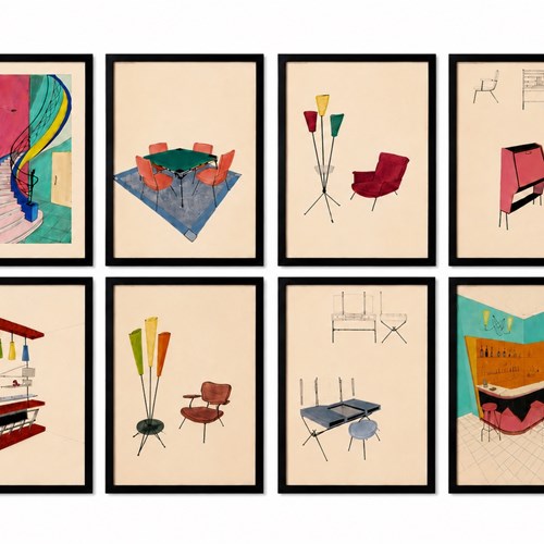 Collection Of Eight Mid-Century Modern Interior And Furniture Designs By Anfoss