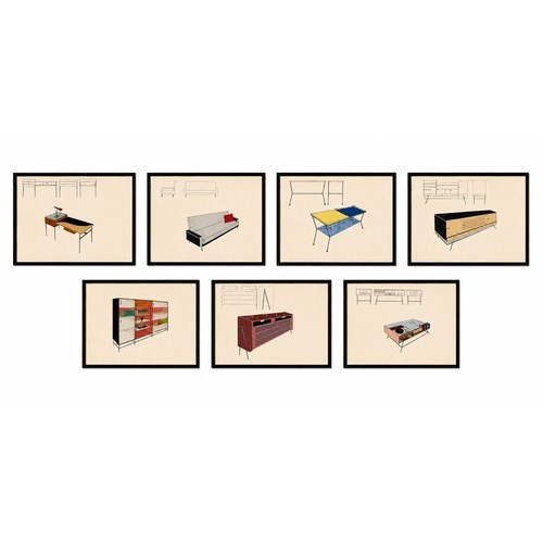 Collection Of Seven Mid-Century Modern Interior And Furniture Designs By Anfossi