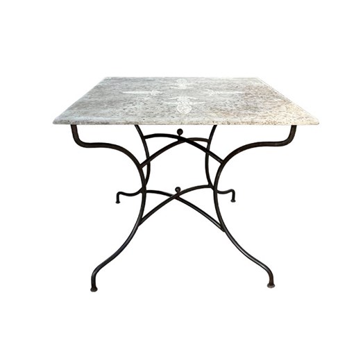 French Iron Garden Table With Decorative Marble Top