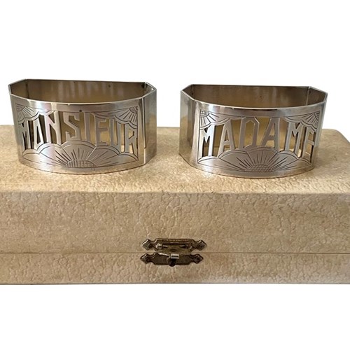 Boxed Pair Of French Art Deco Mr & Mrs Napkin Rings