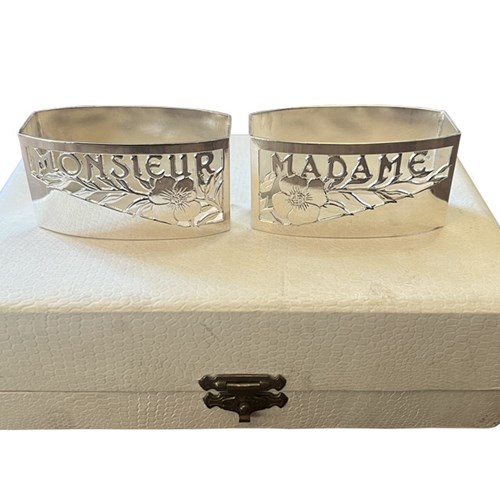 Boxed Pair Of French Mr & Mrs Napkin Rings
