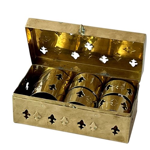 Mid Century Brass Box Of Six Brass Napkin Rings