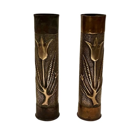 Pair Of French Decorative Brass Trench Art Vases