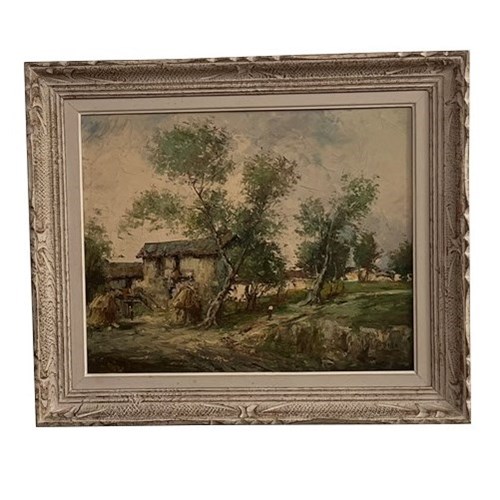 20Th Century French Framed Oil Painting 'Farmhouse With Haystacks'