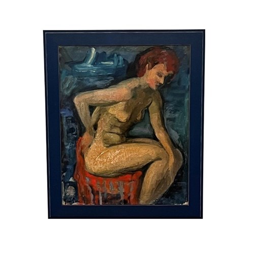 Mid-Century French Framed Oil On Board Painting 'Seated Nude' By Jean Perret
