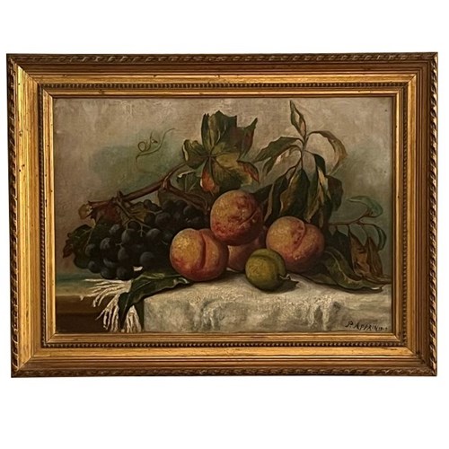 French Framed Still Life Oil Painting 'Grapes And Peaches'