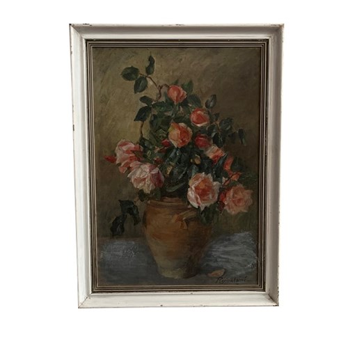 20Th Century French Still Life Painting 'Roses In Confit Pot'