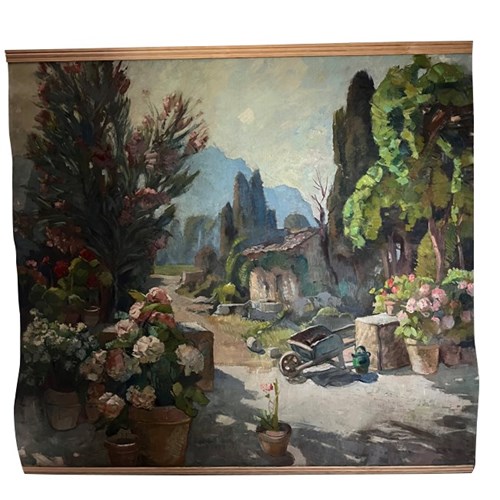 Large Backdrop Painting Of A French Country House Garden