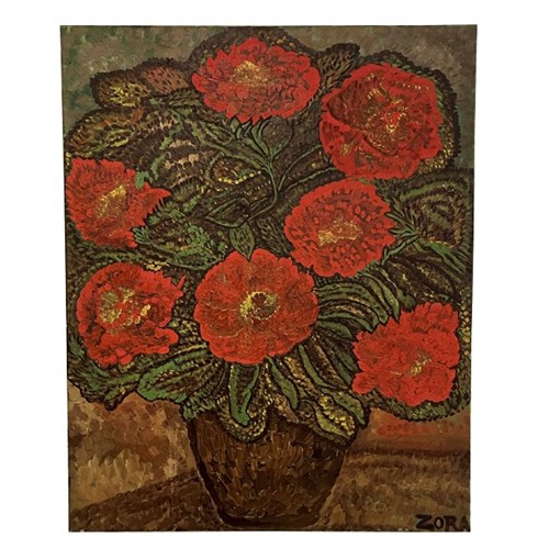 Large Still Life Painting Of A Vase Of Red Blooms