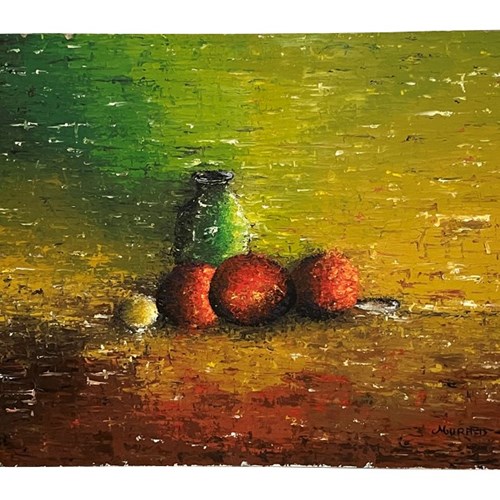 Large Painting 'Fruit And Green Vase' By Mura