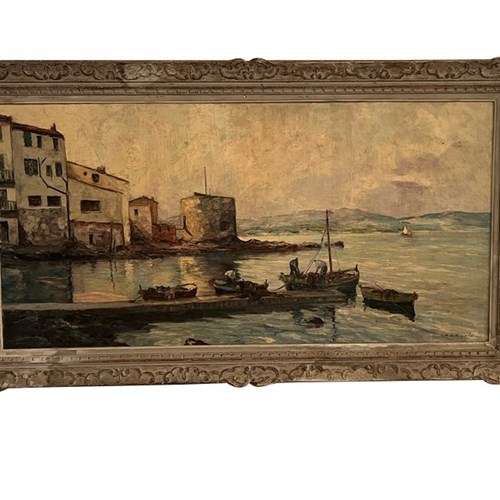 Large Oil On Canvas Painting 'Fishing Boats Off Saint Tropez' By Rinaldi
