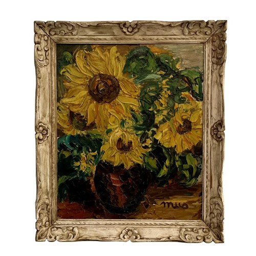 Large French Framed Still Life Painting Of Sunflowers