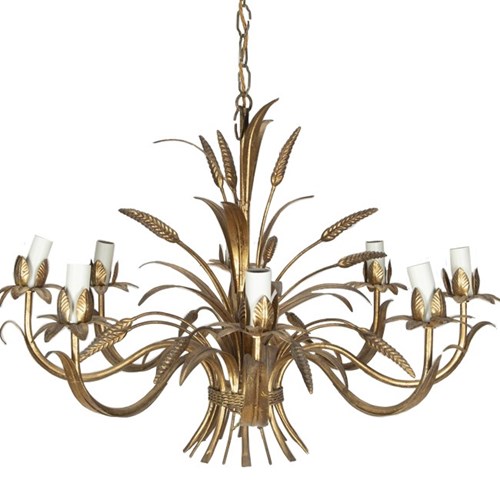 Large Mid-Century French Gilt Tole Wheat Sheaf Chandelier 