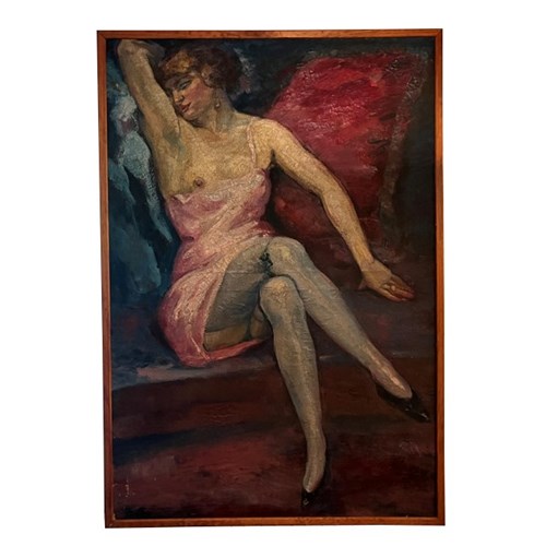 Large Mid Century Painting 'Woman In Pink Satin' By Jean Perret