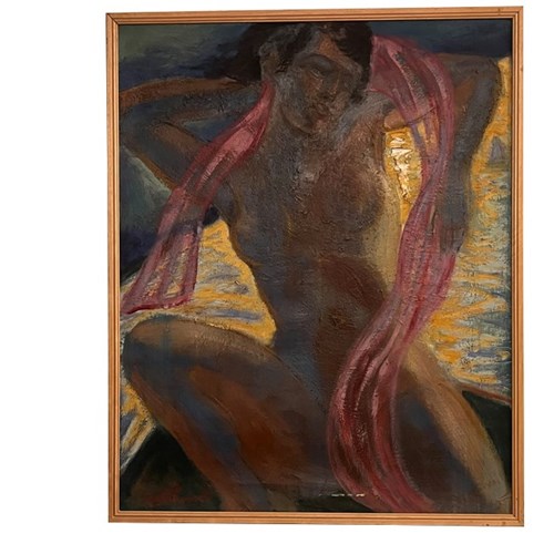 Large Mid Century Painting 'Woman With Pink Scarf' By Jean Perret