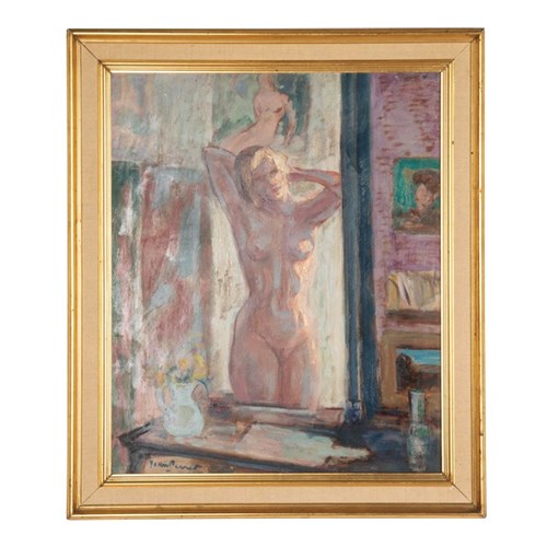 Mid Century Oil Painting 'Standing Nude Reflected In Mirror' By Jean Perret
