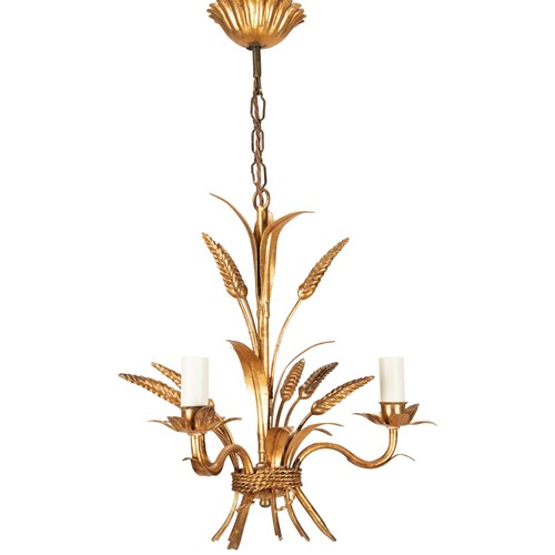 Mid-Century French Gilt Tole Wheat Sheaf Chandelier