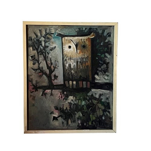 20Th Century Signed Modernist Painting 'Owl'