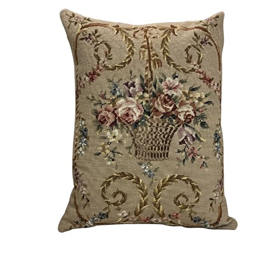 French Needlepoint Tapestry Cushion 'Basket Of Roses'