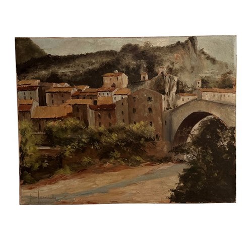 20Th Century French Oil Painting 'View Of The Bridge In Nyons '