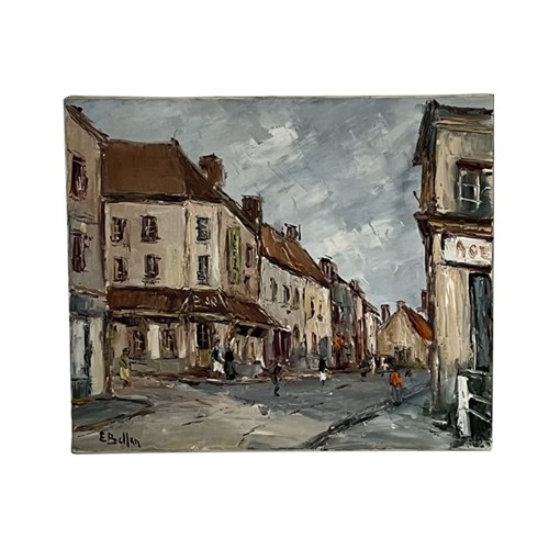 Mid-20Th Century Oil On Canvas Painting Of A French Village Street Scene