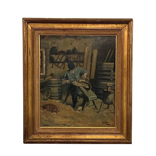 20Th Century Oil Painting Of A French Cooper And His Dog