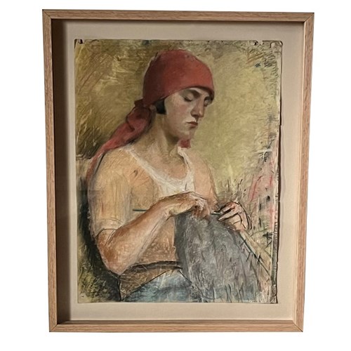 20Th Century French Pastel Portrait 'Woman Knitting'