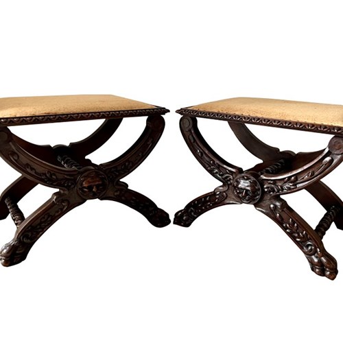 Pair Of Italian 19Th Century Carved X-Frame Stools