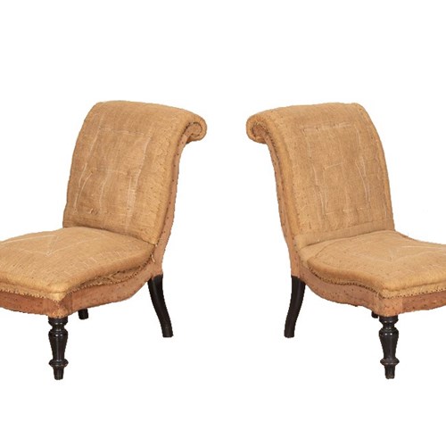 Pair Of 19Th Century French Scroll Back Slipper Chairs