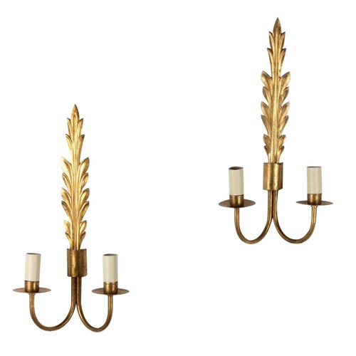 Pair Of Mid-Century French Gilt Metal Acathus Leaf Wall Lights