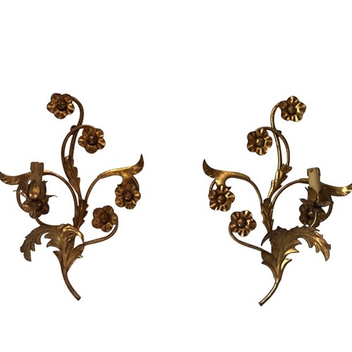 Pair Of Gilt Metal Floral And Foliate  Wall Lights