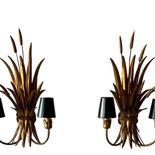 Exceptional Large Pair Of Gilt Metal Wheat Sheaf Wall Lights
