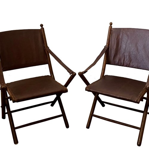 Pair Of 20Th Century French Folding Leather Campaign Chairs